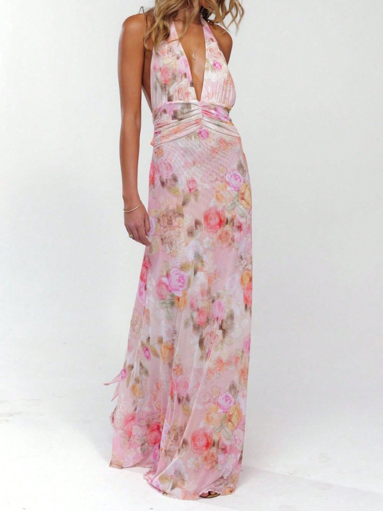 Pink Boho Women's Floral Print Halter Maxi Bodycon Dress